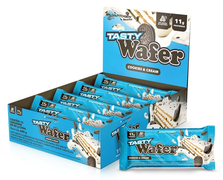 Caixa e embalagens azuis de Tasty Wafer da Adaptogen, fotografia oficial